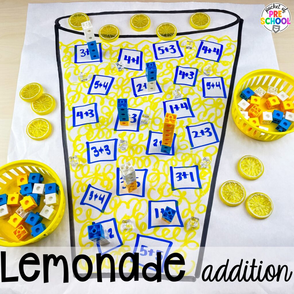 Lemonade Addition plus more math butcher paper activities for preschool, pre-k, and kindergarten students to move and explore while learning.