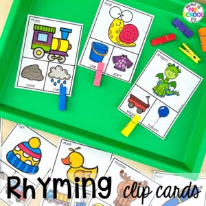 Rhyming clip cards plus more rhyming activities for preschool, pre-k, and kindergarten students that are hands-on, engaging, and educational.