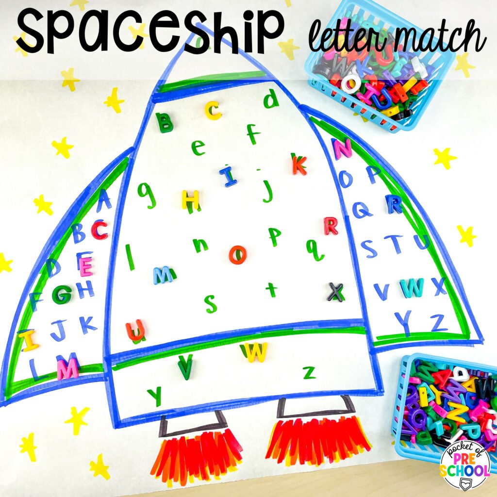 Spaceship letter match plus more summer butcher paper activities for literacy, math, and fine motor for preschool, pre-k, and kindergarten.