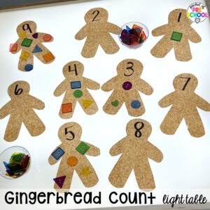 Gingerbread counting activity plus more Christmas and gingerbread light table activities for preschool, pre-k, and kindergarten students. These are perfect for the holidays.
