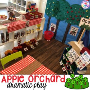 Apple orchard dramatic play plus a giant dramatic play round-up list for preschool, pre-k, and kindergarten classrooms.