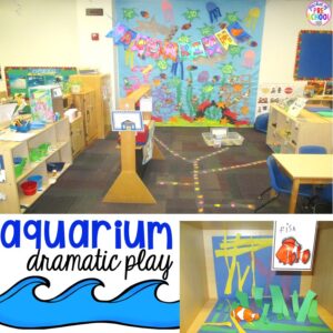 Aquarium dramatic play plus a giant dramatic play round-up list for preschool, pre-k, and kindergarten classrooms.