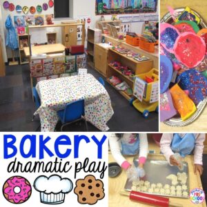 Bakery dramatic play plus a giant dramatic play round-up list for preschool, pre-k, and kindergarten classrooms.
