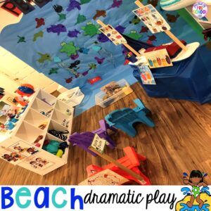 Beach dramatic play plus a giant dramatic play round-up list for preschool, pre-k, and kindergarten classrooms.