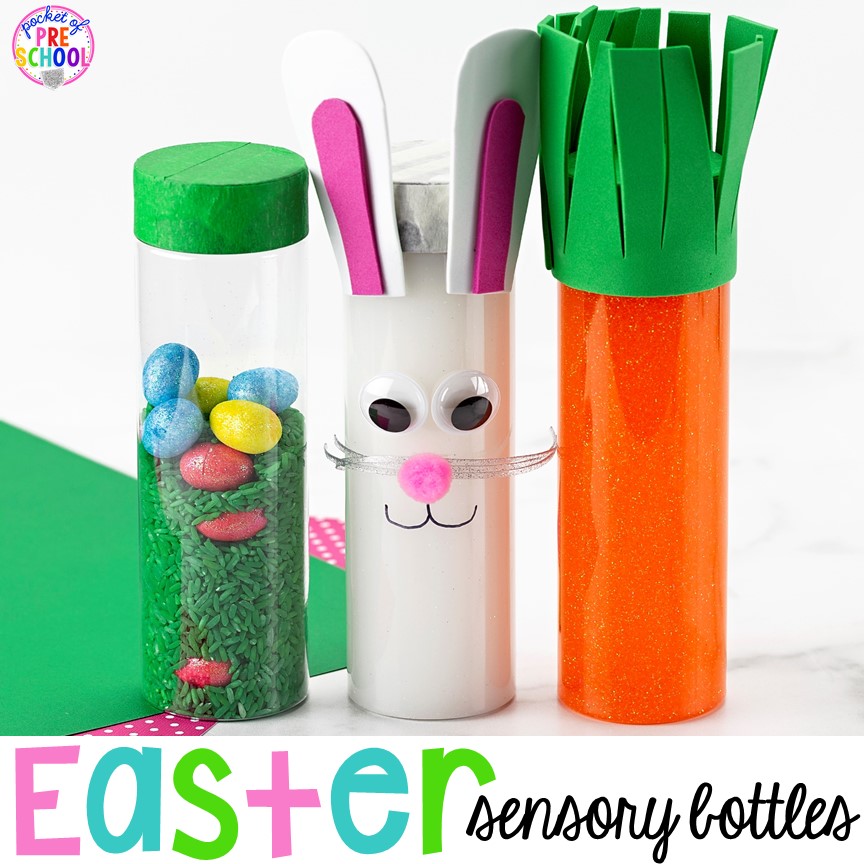 Create Easter sensory bottles plus a giant sensory bottle round-up for preschool, pre-k, and kindergarten.