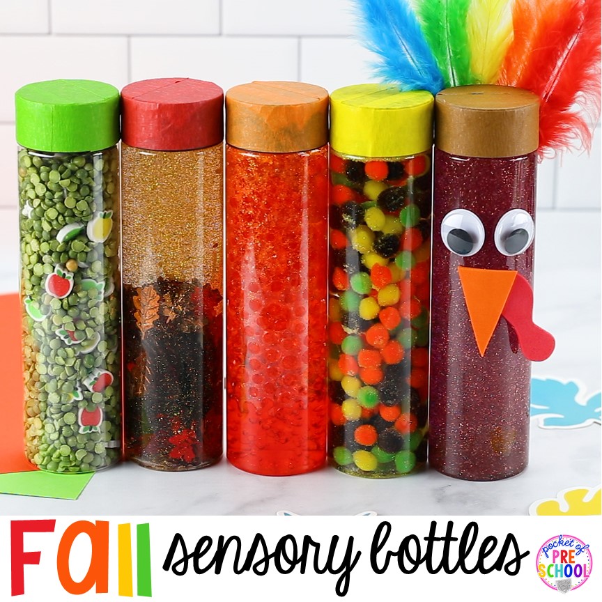 Create fall sensory bottles plus a giant sensory bottle round-up for preschool, pre-k, and kindergarten.