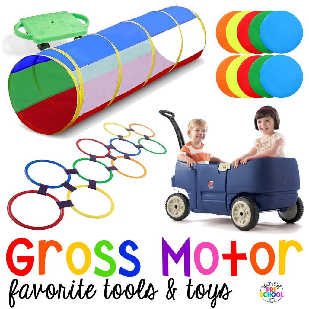 My favorite gross motor toys and tools for indoor and outdoor recess your little learners (preschool, pre-k, and kindergarten) will LOVE! 
