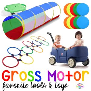 My favorite gross motor toys and tools for indoor and outdoor recess your little learners (preschool, pre-k, and kindergarten) will LOVE!