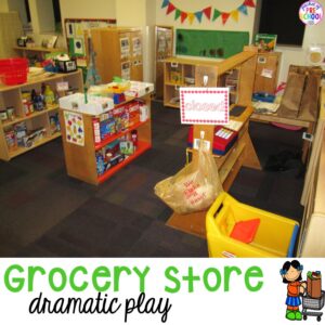 Grocery store dramatic play plus a giant dramatic play round-up list for preschool, pre-k, and kindergarten classrooms.