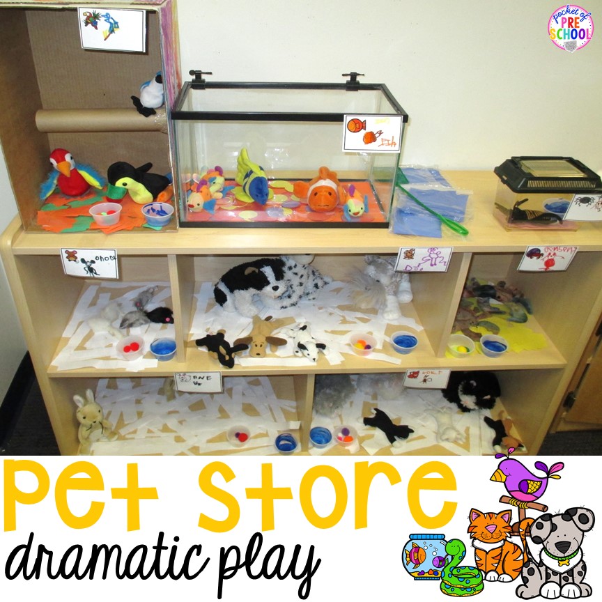 Pet store dramatic play plus a giant dramatic play round-up list for preschool, pre-k, and kindergarten classrooms.