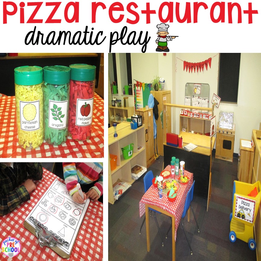 Pizza restaurant dramatic play plus a giant dramatic play round-up list for preschool, pre-k, and kindergarten classrooms.
