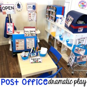 Post office dramatic play plus a giant dramatic play round-up list for preschool, pre-k, and kindergarten classrooms.