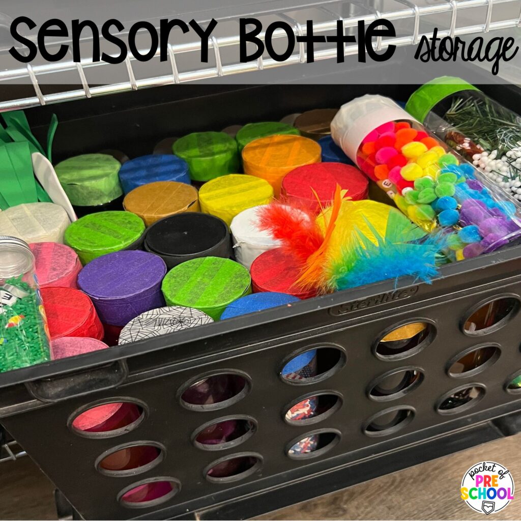 Sensory bottle storage plus a giant sensory bottle round-up for preschool, pre-k, and kindergarten classrooms.