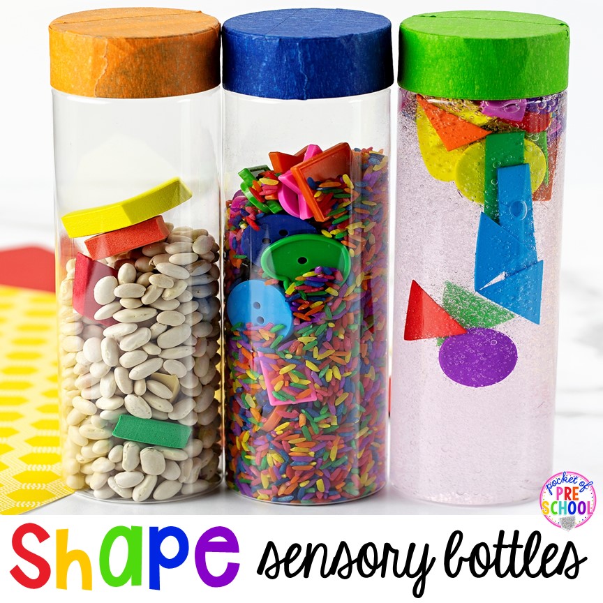 Create shape sensory bottles to give preschool, pre-k, and kindergarten students another version of exposure and something fun to look at.