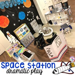 Space station dramatic play plus a giant dramatic play round-up list for preschool, pre-k, and kindergarten classrooms.