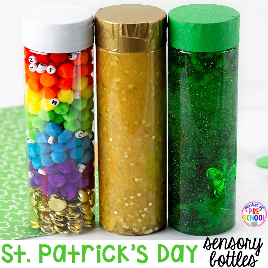 Create St. Patrick's Day sensory bottles plus a giant sensory bottle round-up for preschool, pre-k, and kindergarten.