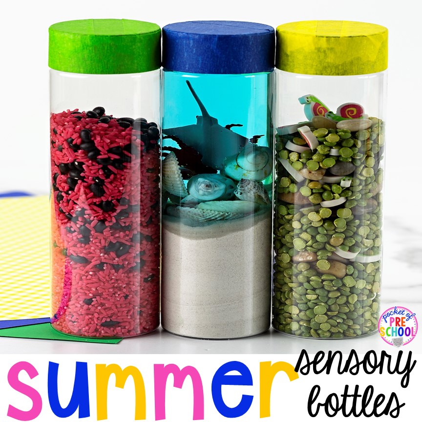 Create summer sensory bottles plus a giant sensory bottle round-up for preschool, pre-k, and kindergarten.