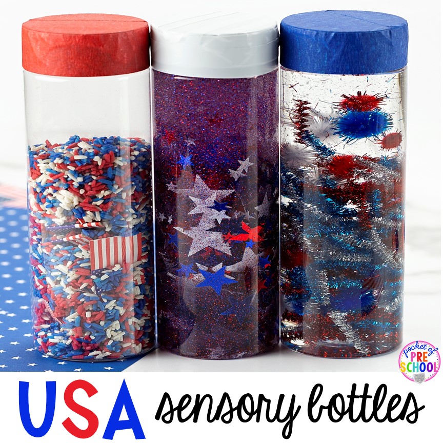 Create USA sensory bottles plus a giant sensory bottle round-up for preschool, pre-k, and kindergarten.