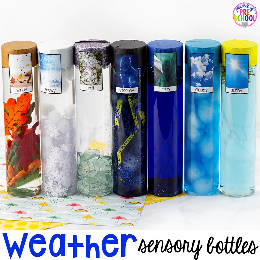 Create weather sensory bottles plus a giant sensory bottle round-up for preschool, pre-k, and kindergarten.