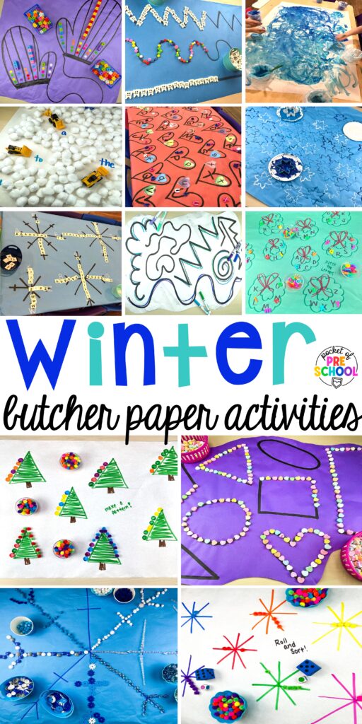 Ideas for winter butcher paper activities for preschool, pre-k, and kindergarten students.