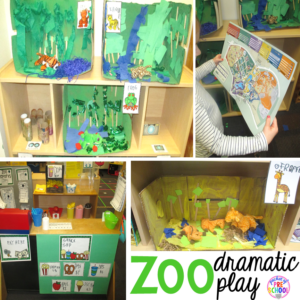Zoo dramatic play plus a giant dramatic play round-up list for preschool, pre-k, and kindergarten classrooms.