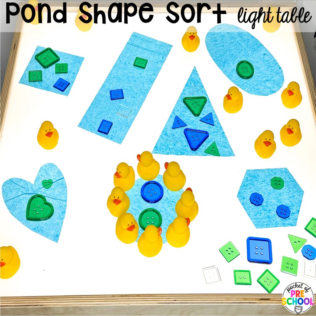 Pond shape sort light table plus more spring light table activities for preschool, pre-k, and kindergarten students to have fun and learn at the light table.