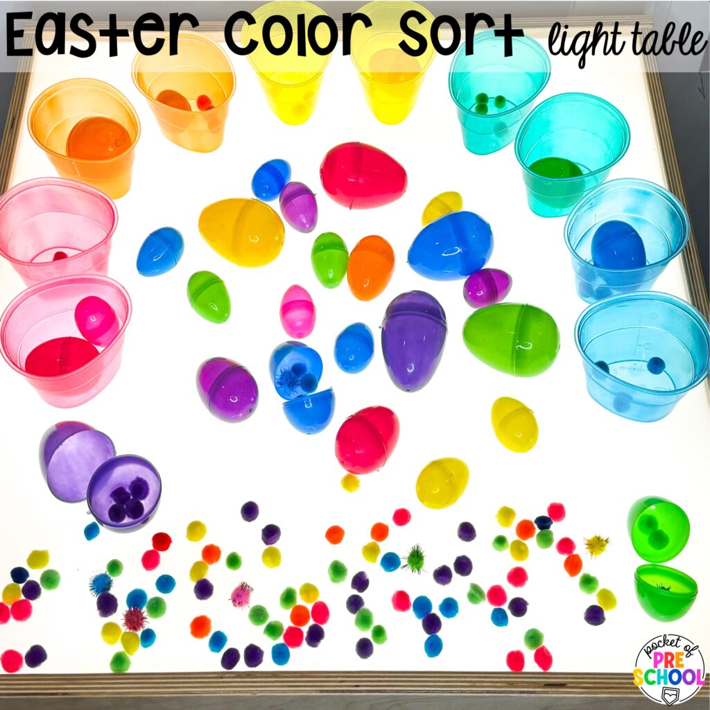 Easter color sort light table plus more spring light table activities for preschool, pre-k, and kindergarten students to have fun and learn at the light table.