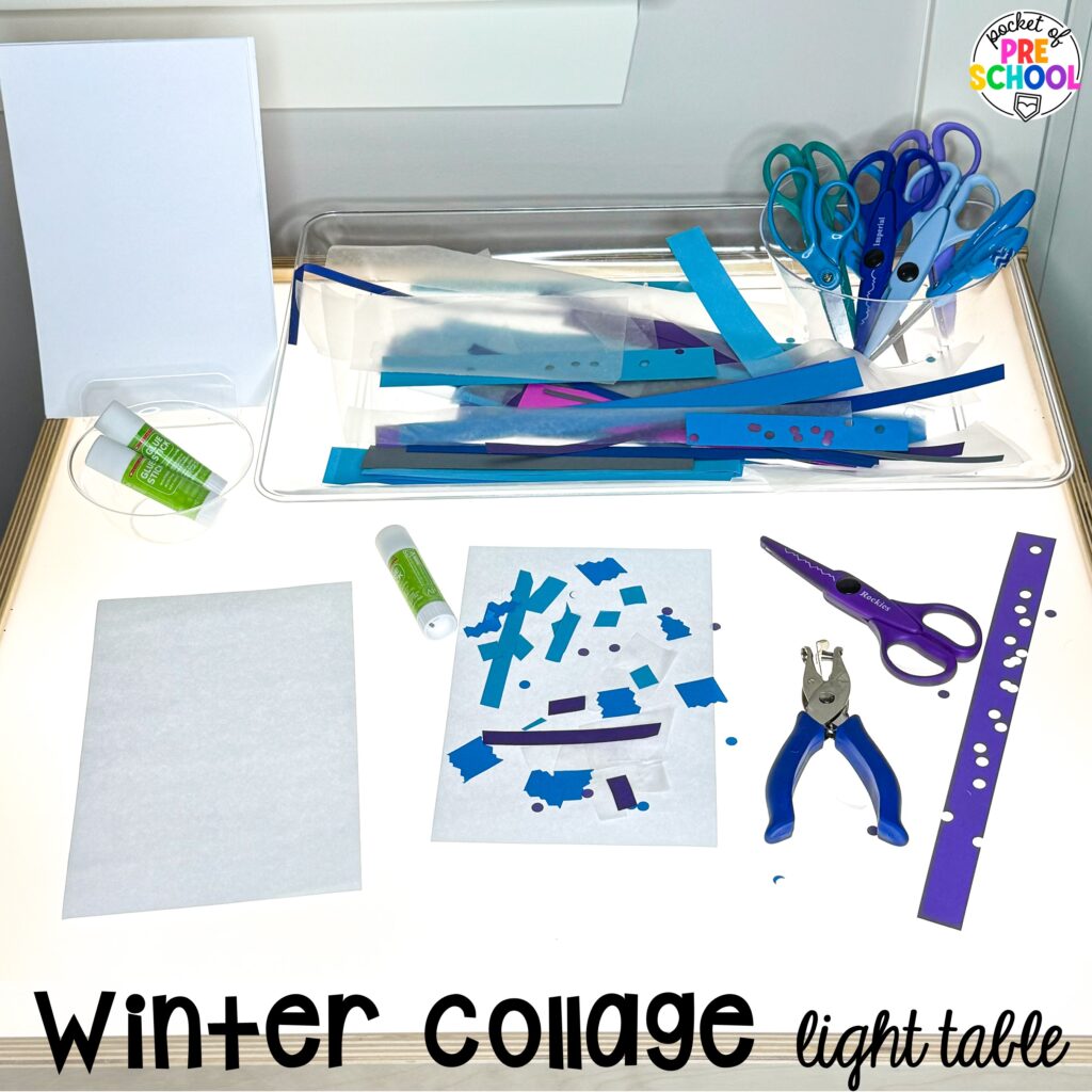 Winter collage light table plus more winter light table activities for preschool, pre-k, and kindergarten students to learn on the light table.