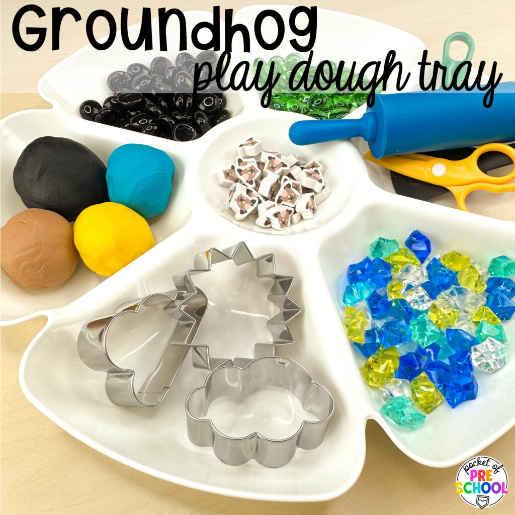 Groundhog play dough tray plus more Groundhog Day Activities and Centers for math, literacy, fine motor, science, and more for preschool, pre-k, and kindergarten students.