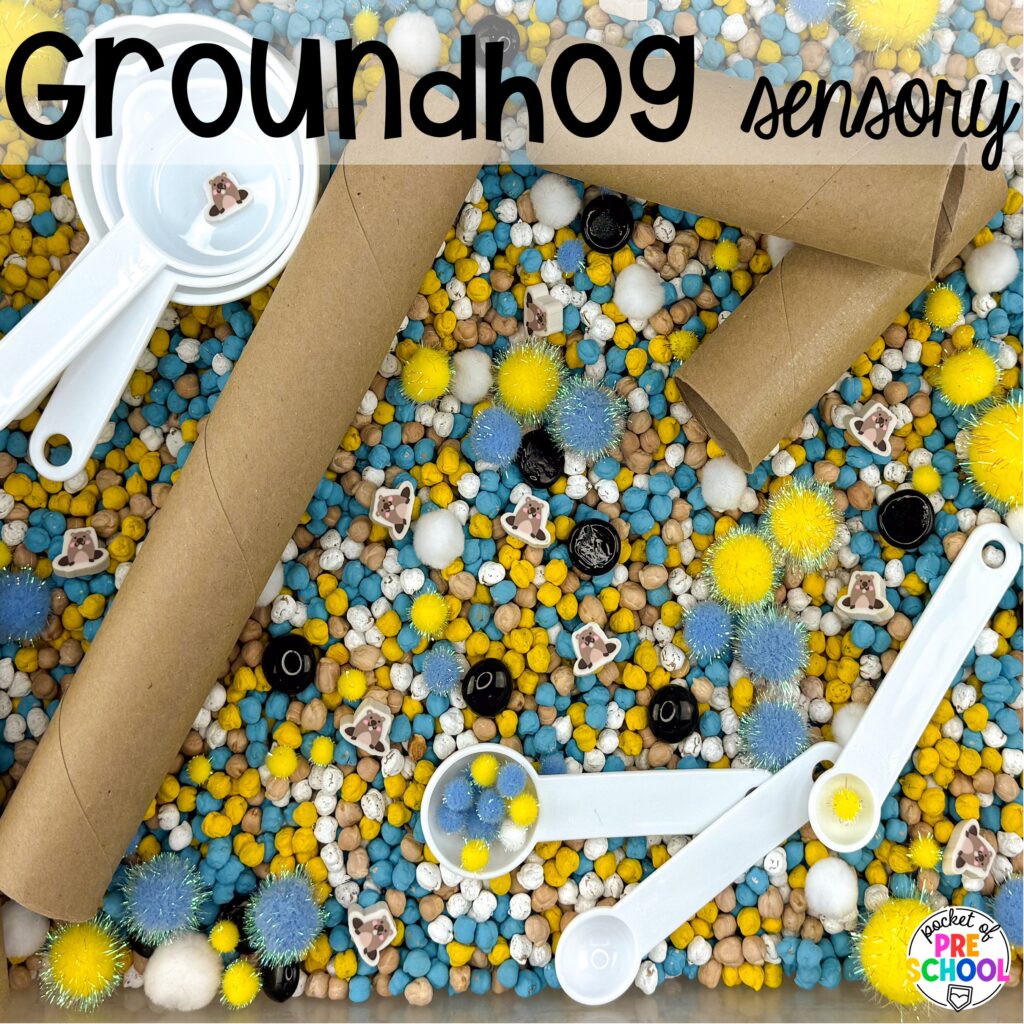Groundhog sensory bin plus more Groundhog Day Activities and Centers for math, literacy, fine motor, science, and more for preschool, pre-k, and kindergarten students.
