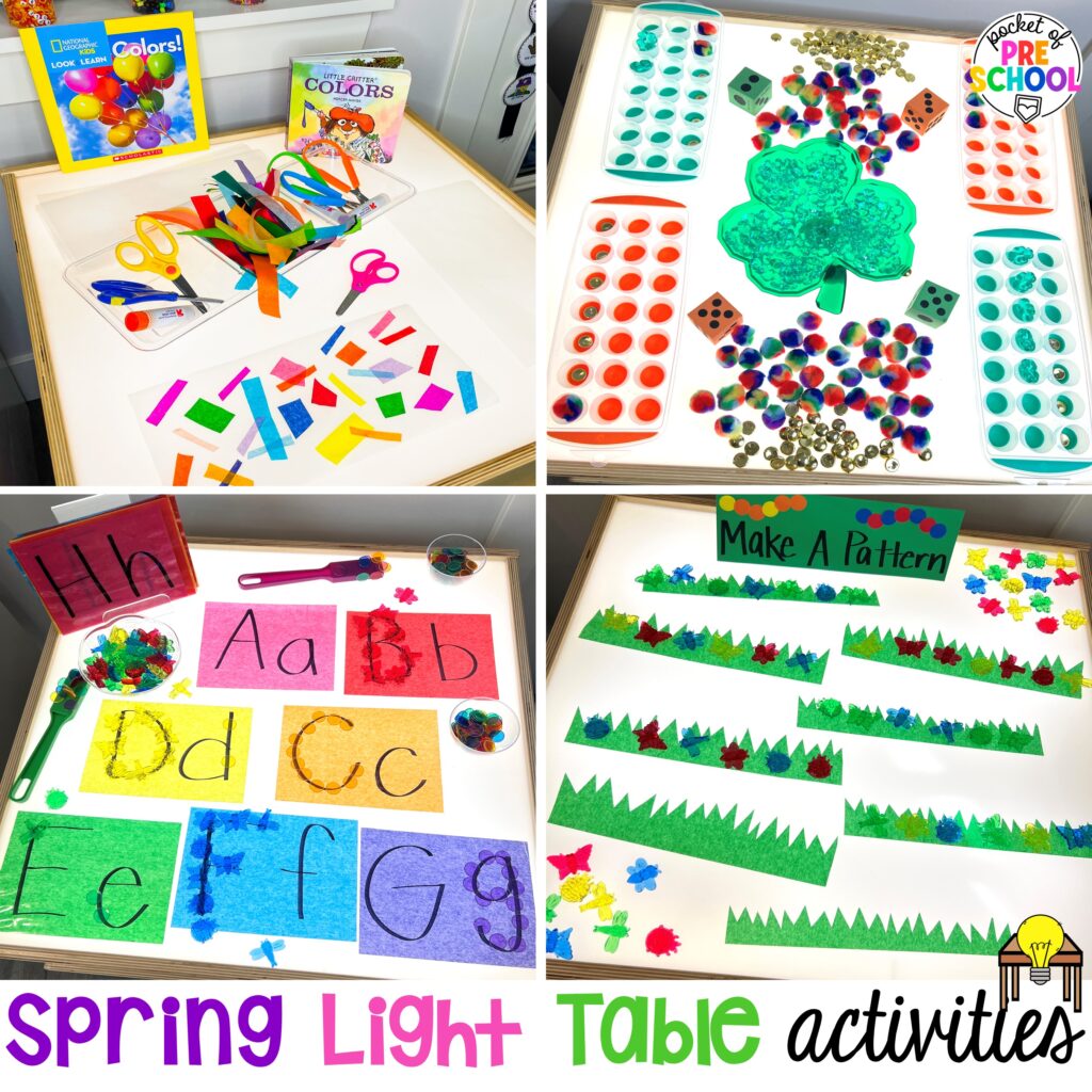 Spring light table activities for preschool, pre-k, and kindergarten students to have fun and learn at the light table.