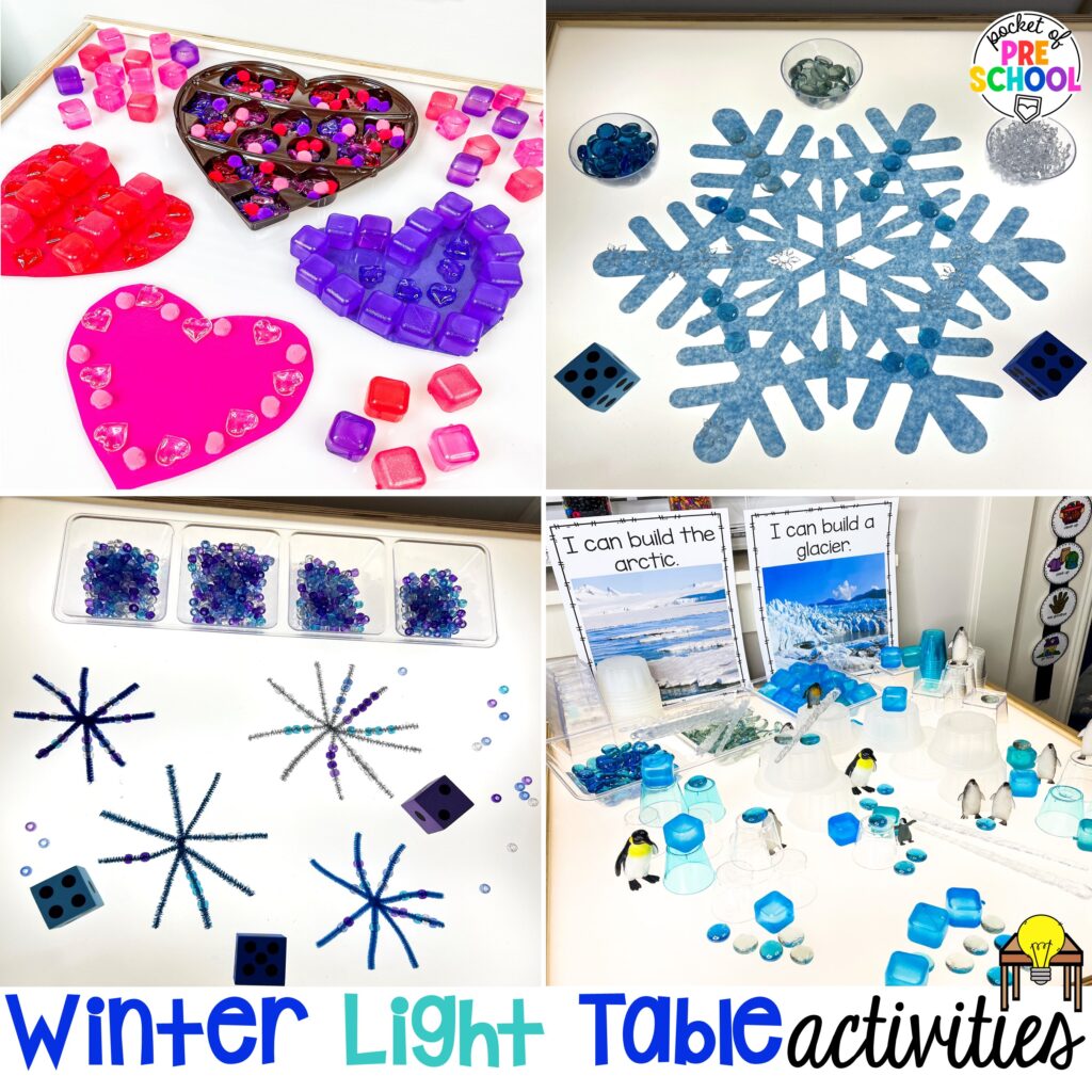 Winter light table activities for preschool, pre-k, and kindergarten students to learn on the light table.