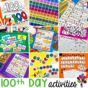 100th day activities for preschool, pre-k, and kindergarten students to count, explore, and practice numbers to 100.