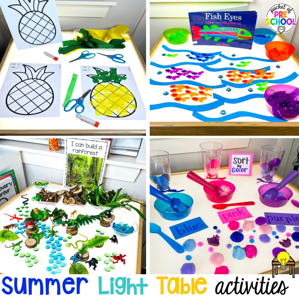 Summer light table activities for preschool, pre-k, and kindergarten students. Ideas for math, literacy, fine motor, and STEM.