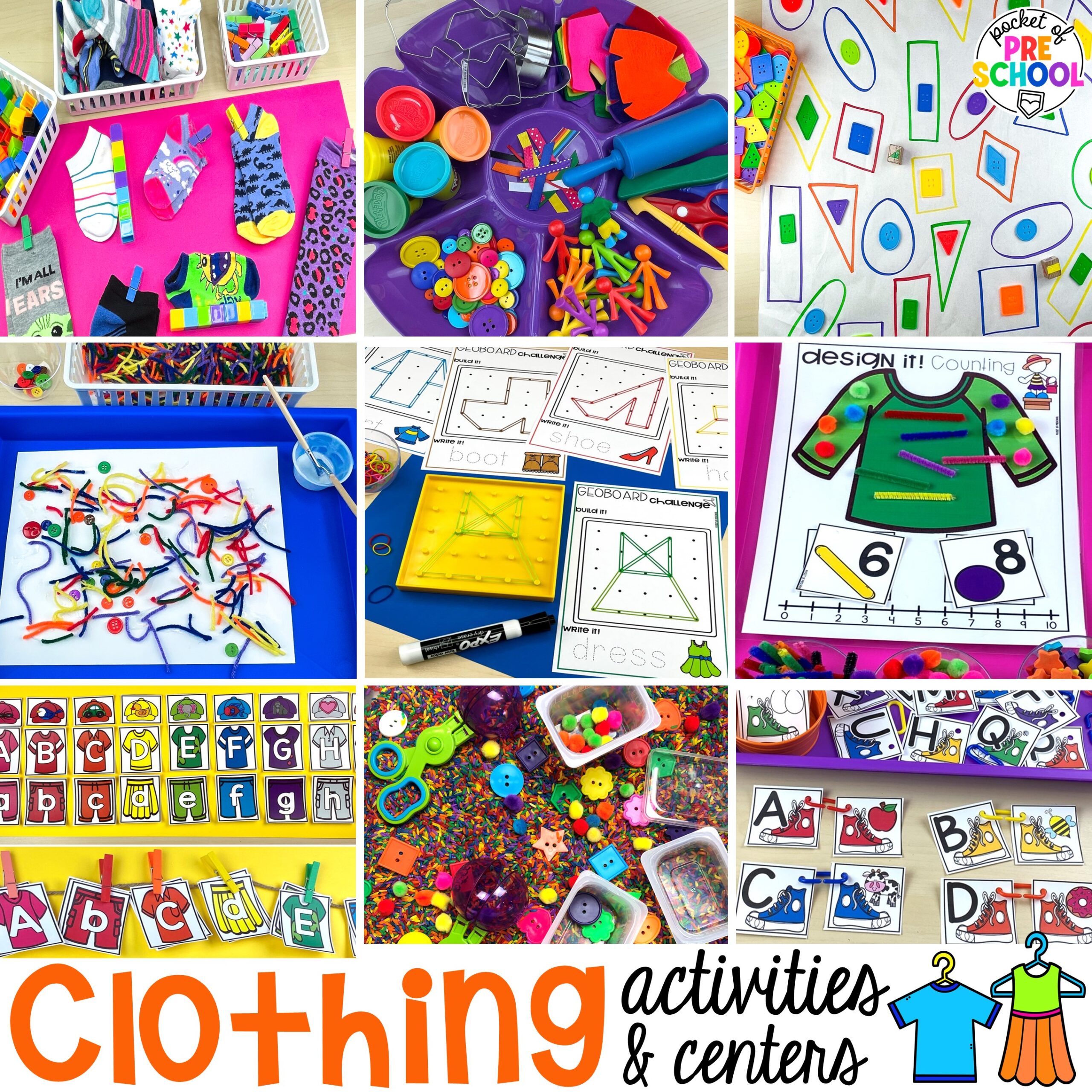 Clothing-themed activities and centers for preschool, pre-k, and kindergarten students. This is a great theme for working on colors, patterns, sorting, and matching!