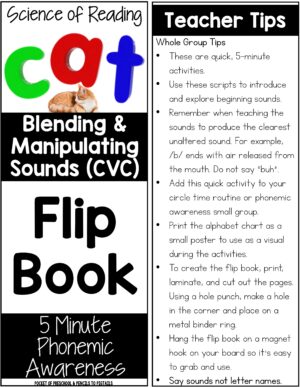 Practice CVC blending and manipulating sounds with these quick, 5-minute activities for preschool, pre-k, and kindergarten students. This is Science of Reading aligned.