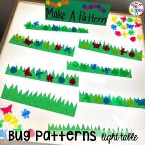 Bug patterns plus more spring light table activities for preschool, pre-k, and kindergarten students to have fun and learn at the light table.
