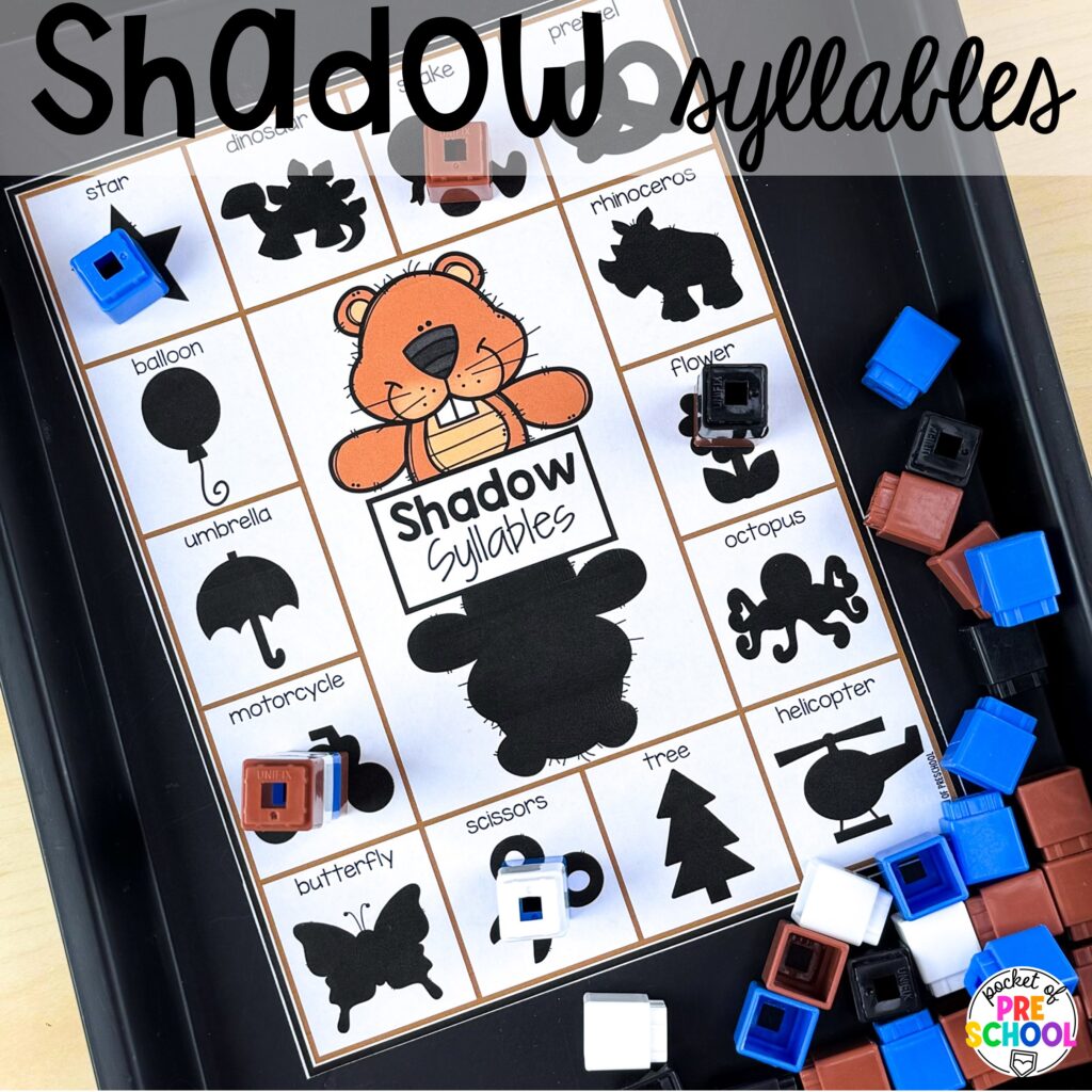 Shadow syllables plus more Groundhog Day Activities and Centers for math, literacy, fine motor, science, and more for preschool, pre-k, and kindergarten students.