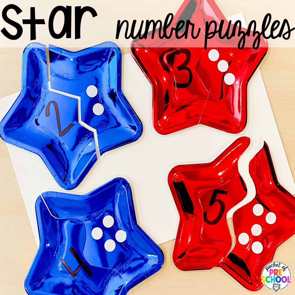 Star number puzzles plus more USA activities and centers for preschool, pre-k, and kindergarten students. These are perfect for President's Day, 4th of July, election time, or Veteran's Day.