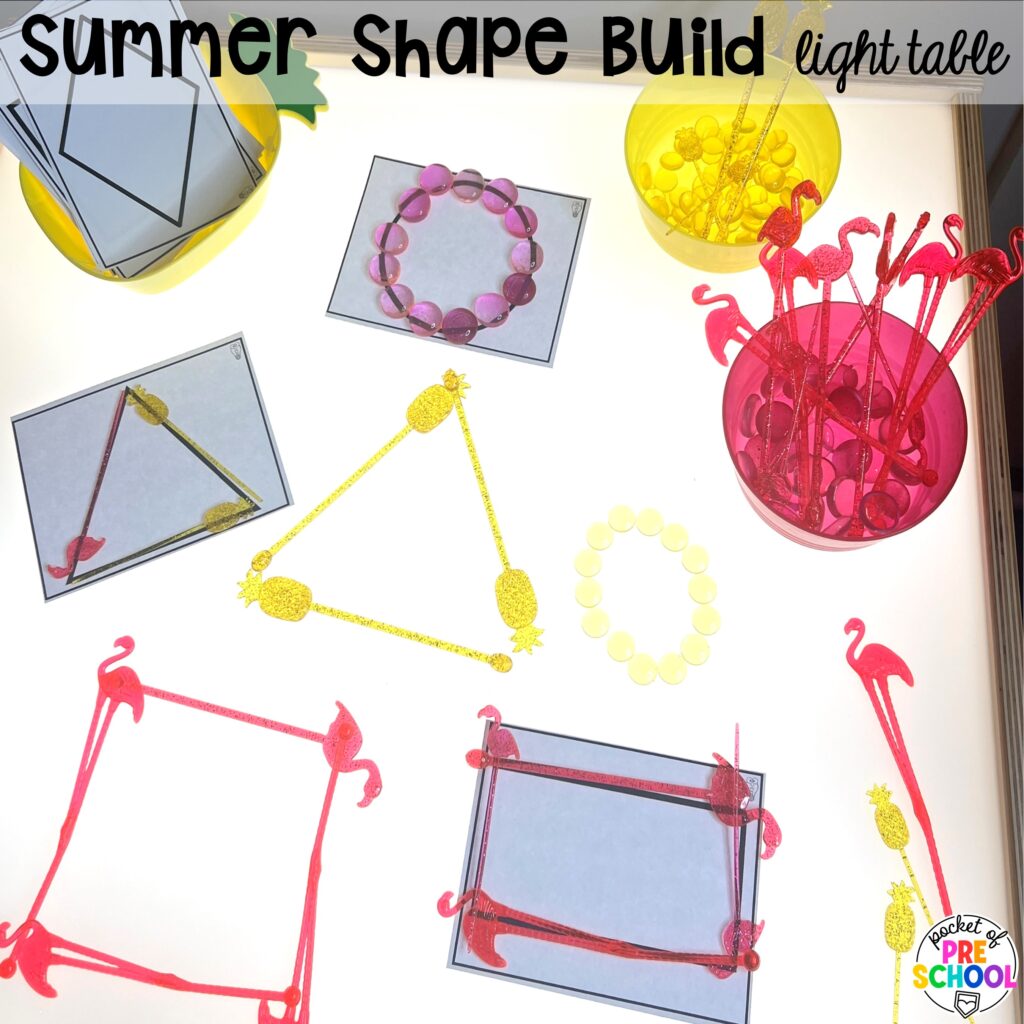 Summer shape build light table plus more summer light table activities for preschool, pre-k, and kindergarten students. Ideas for math, literacy, fine motor, and STEM.