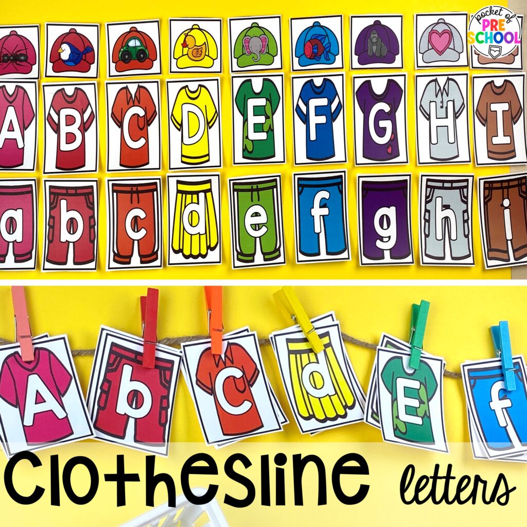 Clothesline letters plus more clothing activities and centers for preschool, pre-k, and kindergarten students. This is a great theme for working on colors, patterns, sorting, and matching!