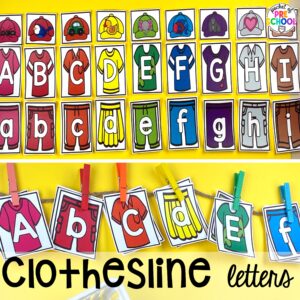 Clothesline letters plus more clothing activities and centers for preschool, pre-k, and kindergarten students. This is a great theme for working on colors, patterns, sorting, and matching!