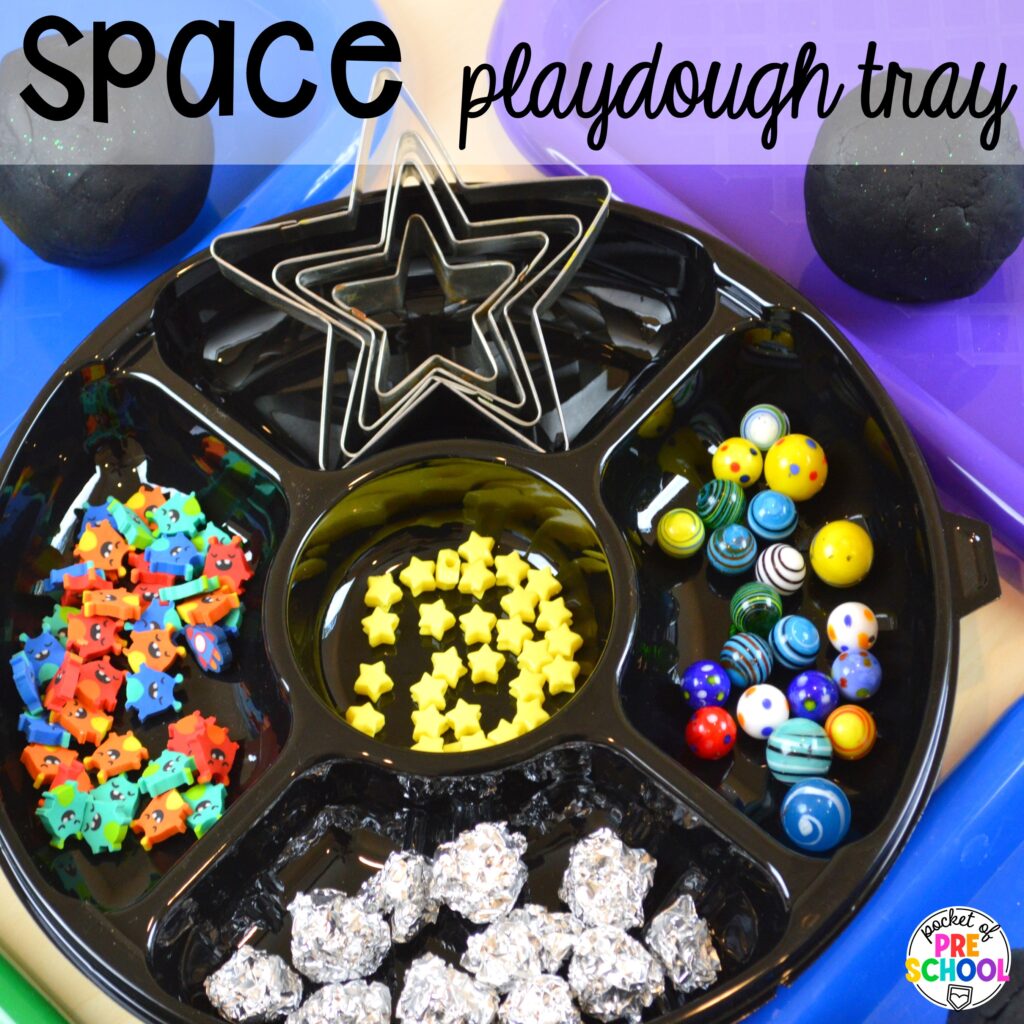 Space playdough tray and more space activities and center ideas for preschool, pre-k, and kindergarten to blast off their learning potential!