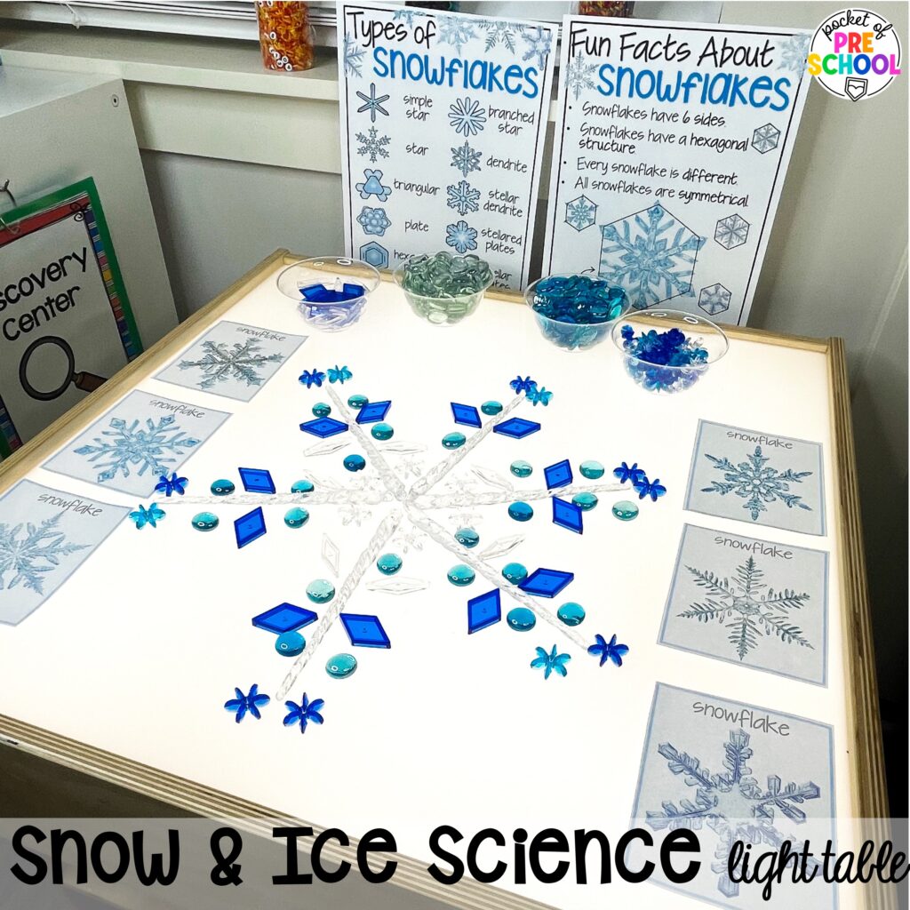 Snow & ice science light table plus more winter light table activities for preschool, pre-k, and kindergarten students to learn on the light table.