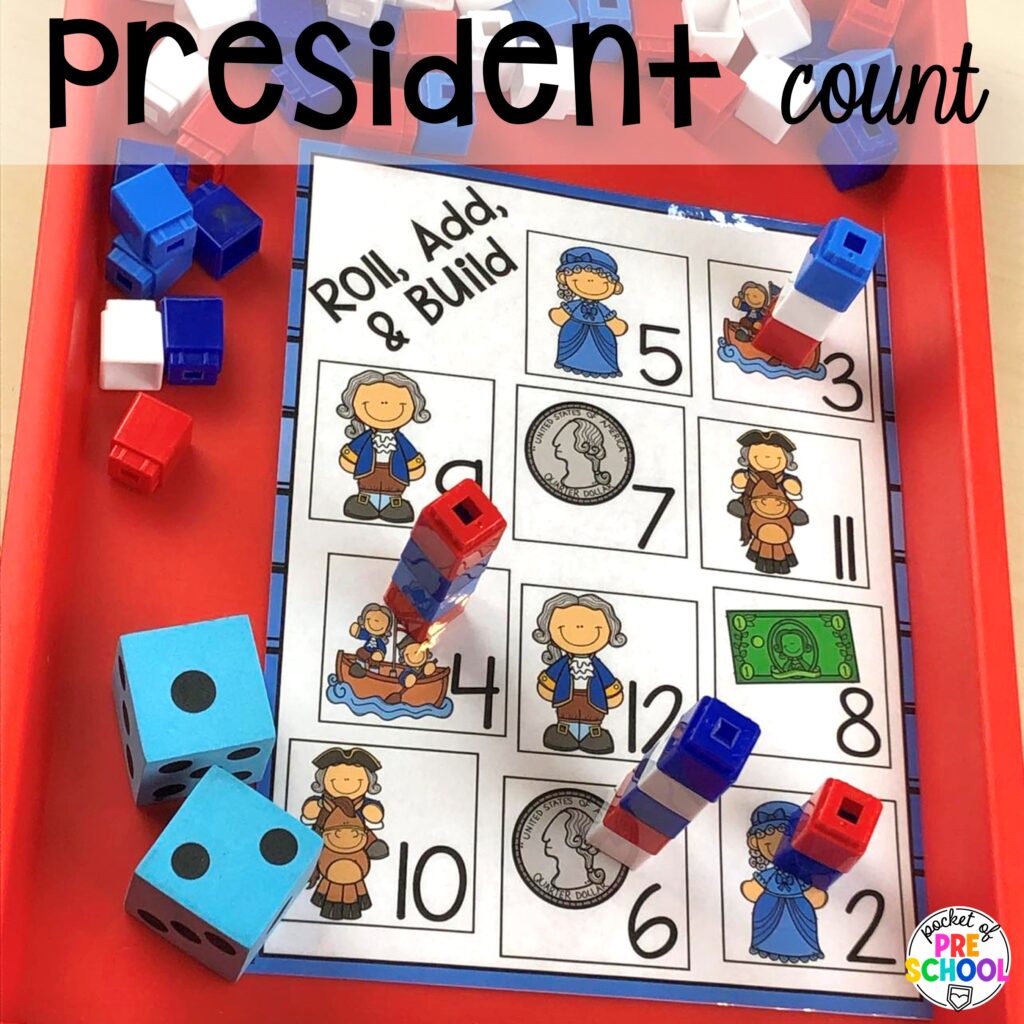 President count plus more USA activities and centers for preschool, pre-k, and kindergarten students. These are perfect for President's Day, 4th of July, election time, or Veteran's Day.