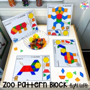 Zoo pattern block light table plus more summer light table activities for preschool, pre-k, and kindergarten students. Ideas for math, literacy, fine motor, and STEM.