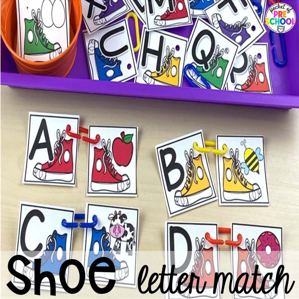 Shoe letter match plus more clothing activities and centers for preschool, pre-k, and kindergarten students. This is a great theme for working on colors, patterns, sorting, and matching!