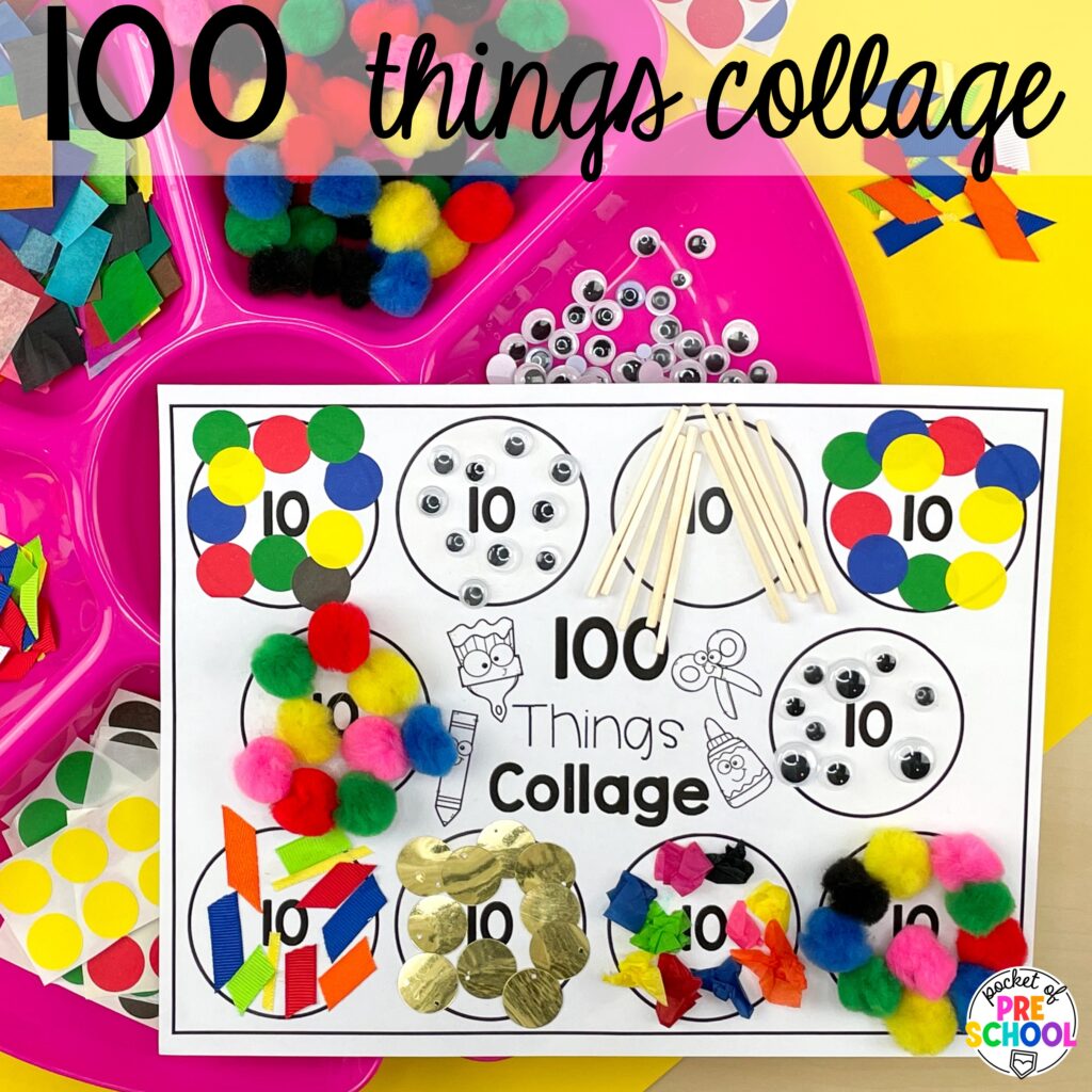 100 things collage plus more 100th day activities for preschool, pre-k, and kindergarten students to count, explore, and practice numbers to 100.
