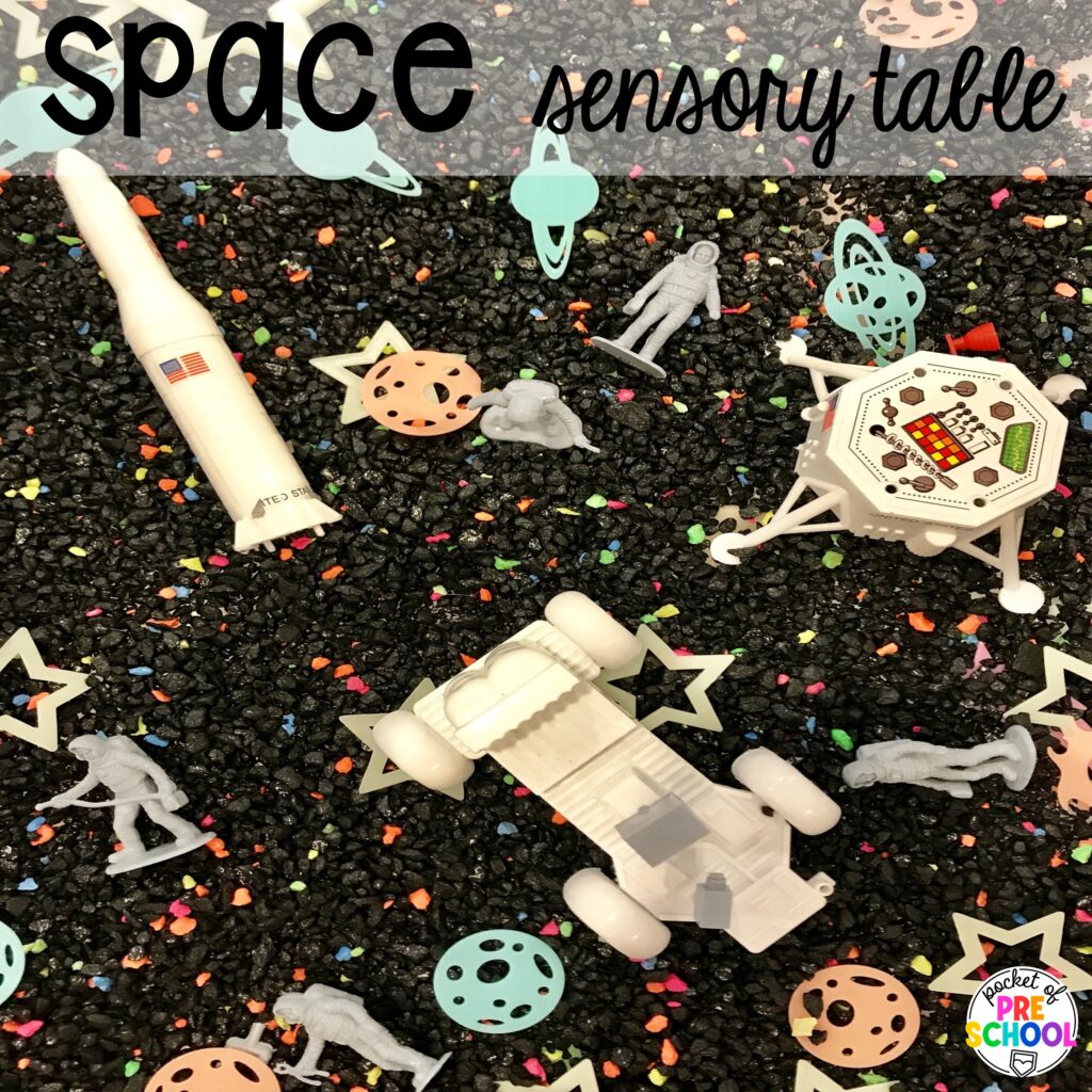 Space sensory table and more space activities and center ideas for preschool, pre-k, and kindergarten to blast off their learning potential!