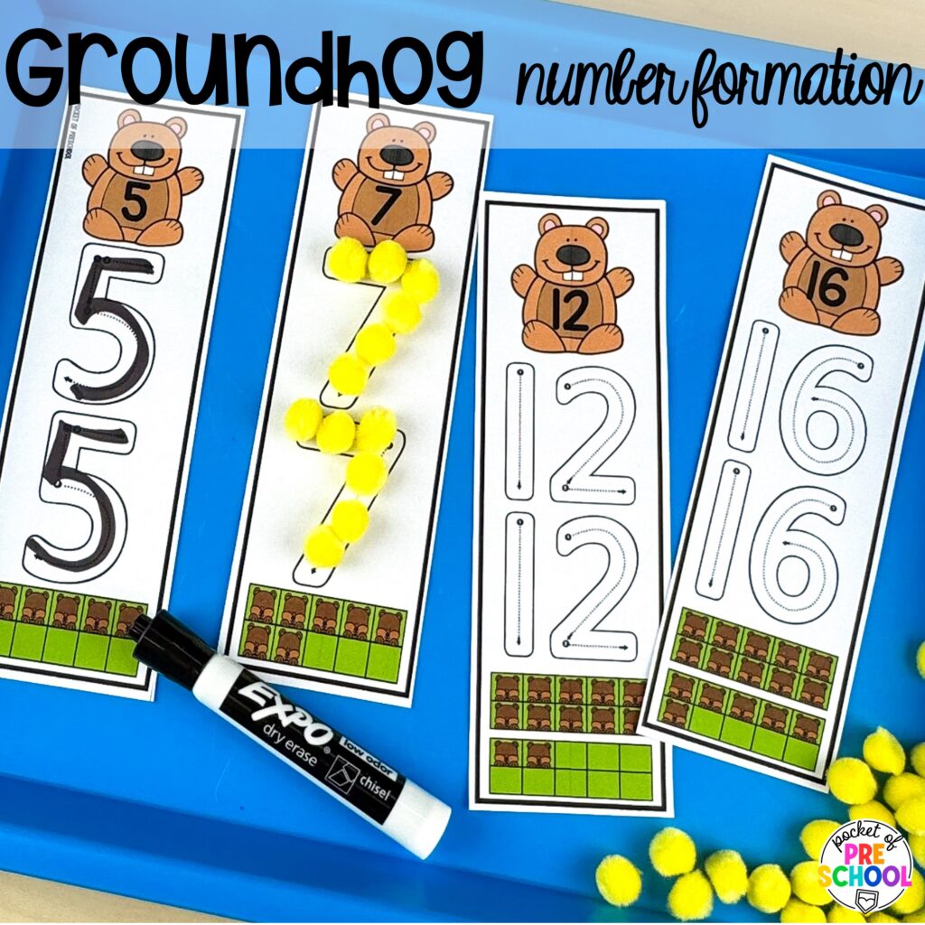 Groundhog number formation mats plus more Groundhog Day Activities and Centers for math, literacy, fine motor, science, and more for preschool, pre-k, and kindergarten students.